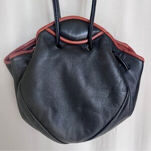 JoAnn Page Handmade Mini Bucket Bag Leather Black Brown Trim Vintage USA